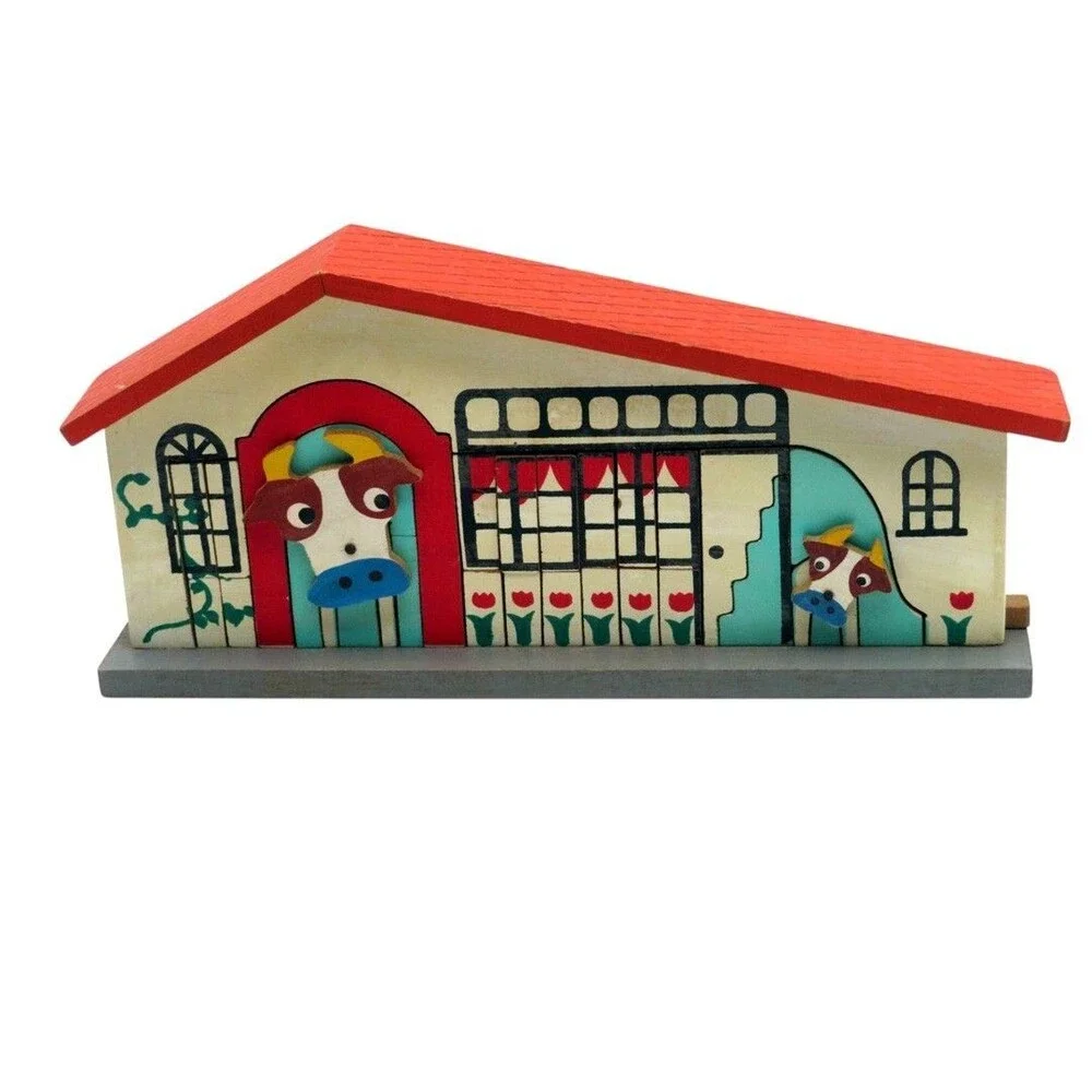 Vintage Japanese Wooden Barn and Cow Trick Puzzle Box Stamped Japan